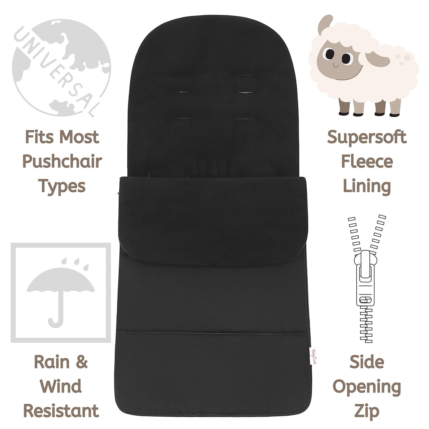 Babycurls Fleece Lined Snuggly Cosytoes Footmuff Universal Fitting for Pushchairs Strollers Prams Buggys Baby Joggers 95-100cm Black