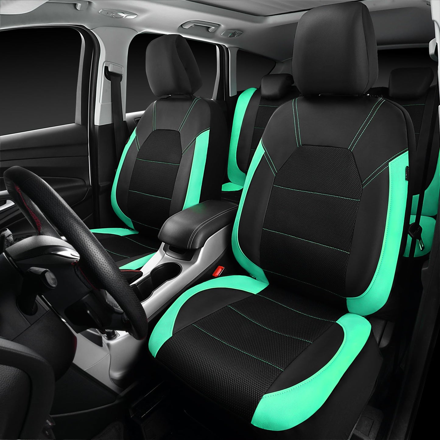 CAR PASS Leather Seat Covers, Breathable Universal Car Seat Cover Full Set for Cute Women Girly,Super 5mm Composite Sponge Inside,Airbag Compatible Fits Most Auto,SUVs,Trucks,Vans(Full Set,Black&Mint)