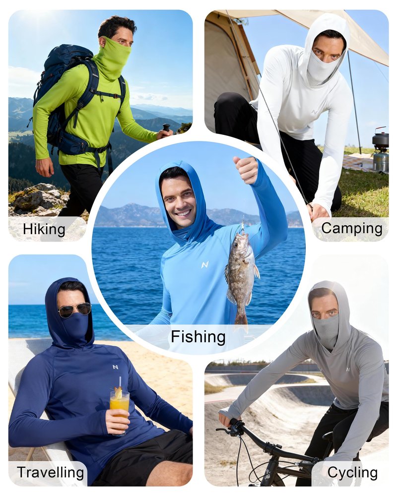 isnowood Men's UPF 50+ Fishing Sun Hoodie, UV Protection Long Sleeve Hooded Shirt with Mask for Hiking outdoor
