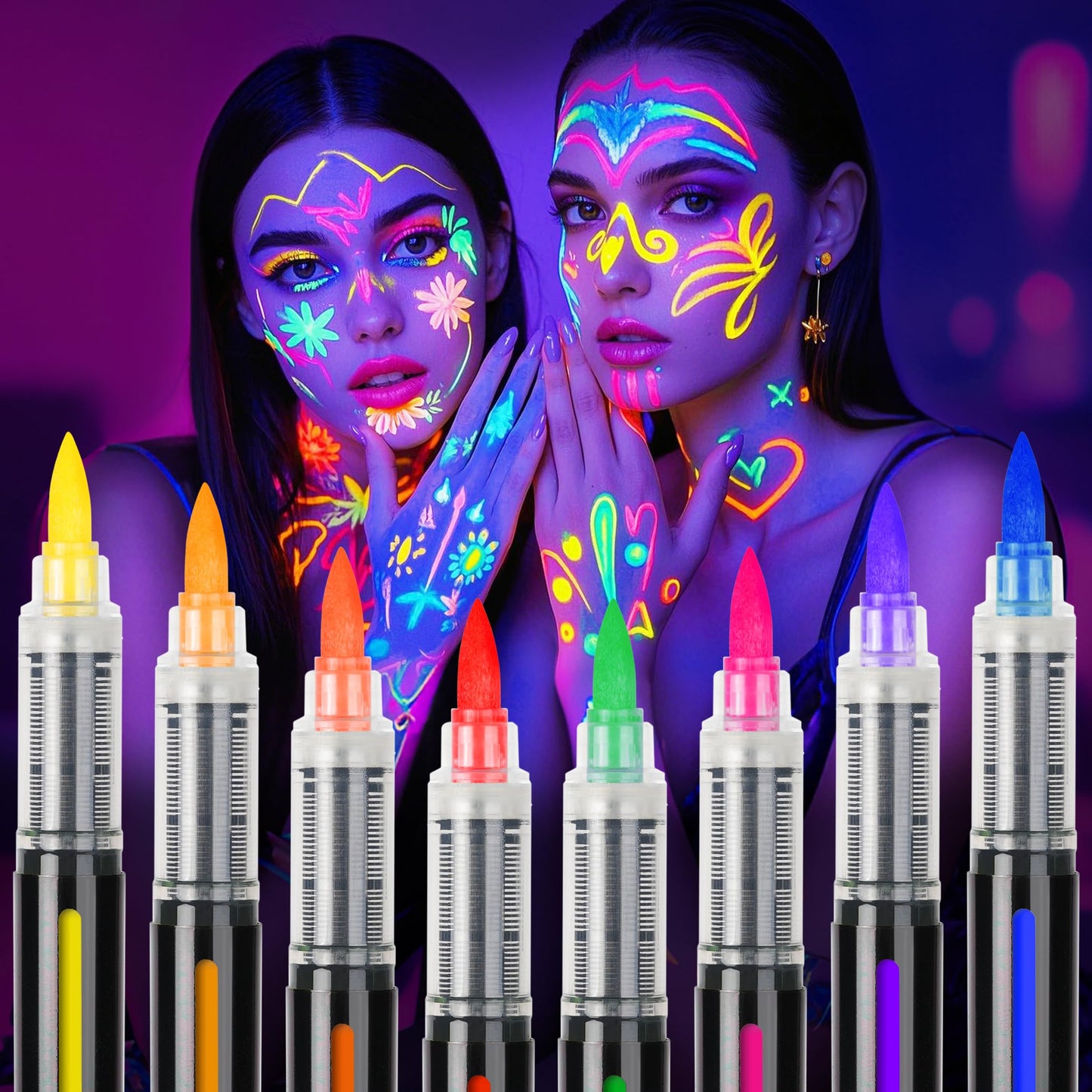 ThEast 8 Glow in the Dark Body Paint, Halloween Makeup Kit, UV Neon Face Markers, Glowing Face Painting Pens, Washable Tattoo Markers for Skin, Festival Essentials