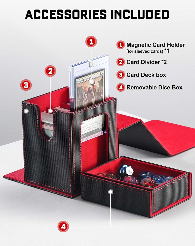 MTG Commander Deck Box - Holds 100 Double-Sleeved Cards with Dice Tray & Magnetic Card Holder | Black & Red