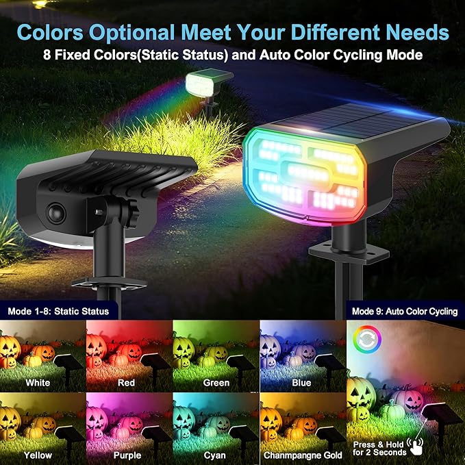 Color Changing Solar Spot Lights Outdoor Waterproof IP65,9 Lighting Modes Multicolor RGB Halloween Spotlight for Porches Yard Gardens Landscape Deconrations-4 Pack