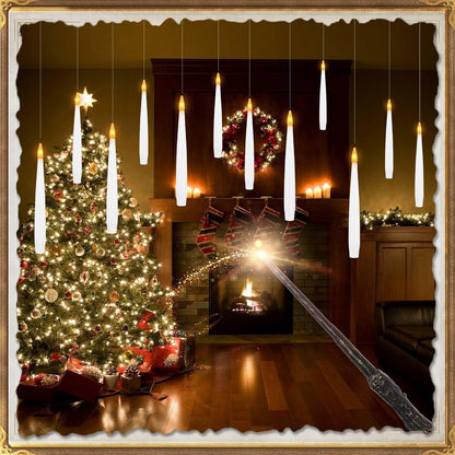 Sunjas 12 PCS Floating Candles with Wand LED Magic Hanging Candle Battery Operated Candle with 13 Batteries Include Flickering Warm Light Floating Candles for Christmas Halloween Decoration