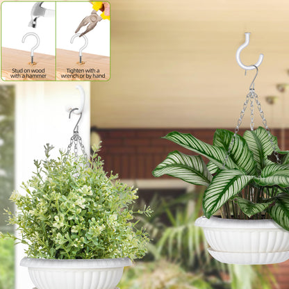Hanging Planters, 5 Pcs 11" Hanging Pots, White Hanging Flower Pots, Hanging Plant Pots Baskets for Plants with Drainage Trays, Hanging Chains and Ceiling Hooks, Come with Free Garden Tools Set