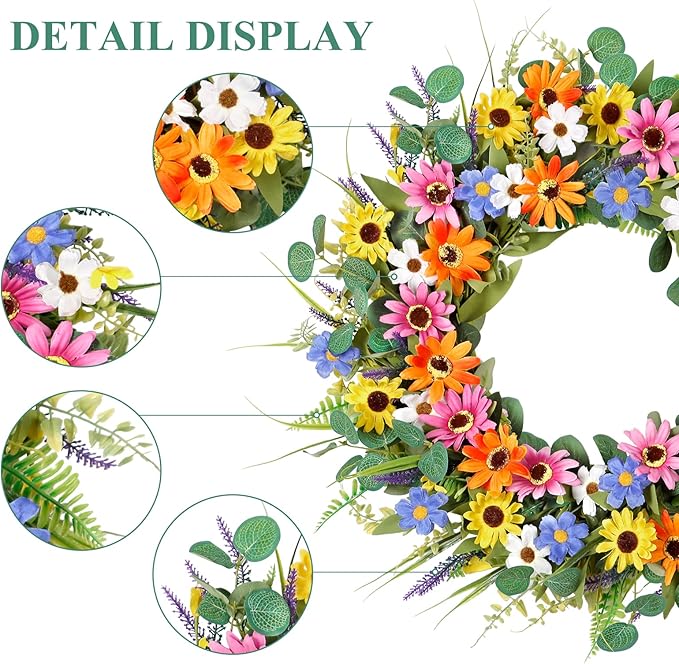 Dremisland 22 Inch Colorful Daisy Wreath Spring Summer Wildflower Wreath with Green Eucalyptus Leaves for Front Door Artificial Floral Wreaths Window Wall Farmhouse Wedding Party Festival Decor
