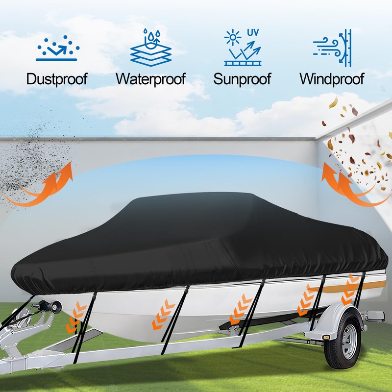 iCOVER Trailerable Boat Cover- 16'-18.5' Heavy Duty Waterproof Tarp Covers with Storage Bag, Fits V-Hull, Fish&Ski, Pro-Style, Fishing, Runabout, Bass Boats, up to 16ft-18.5ft Long X 94" Wide