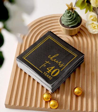 Cheers to Years Cocktail Napkins - 50PK - 3-Ply Birthday Napkins 5x5 Inches Disposable Party Napkins Paper Beverage Napkins for Birthday Decorations Wedding Anniversary Black and Gold (40 Years)