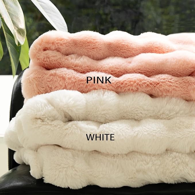 Luxury Faux Fur Throw Blanket 3D Bubble for Couch - Fluffy Blanket Double-Sided Non-Shedding, 50x60 Inches, Fits Bed/Car/Camping/Patio, Gift for Women,Room Decor,White