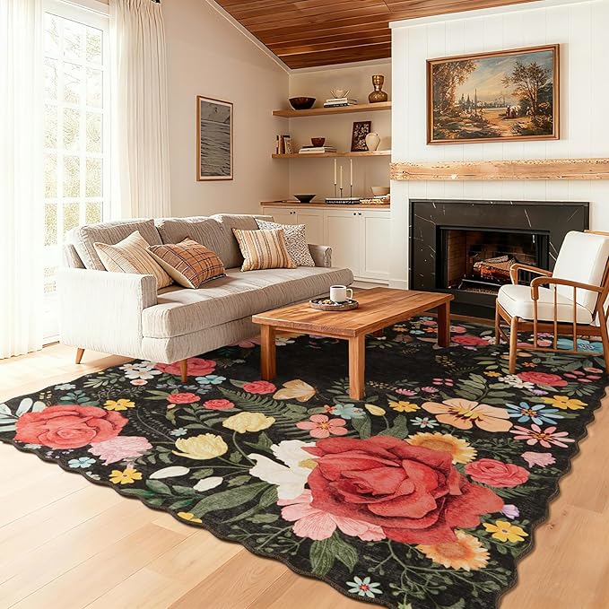 Washable Rugs for Living Room: 5x7 Area Rugs for Bedroom Soft Ultra Thin Stain Resistant Non Slip Low Pile Lightweight Vintage Floral Carpet for Dining Room Decor (Black)