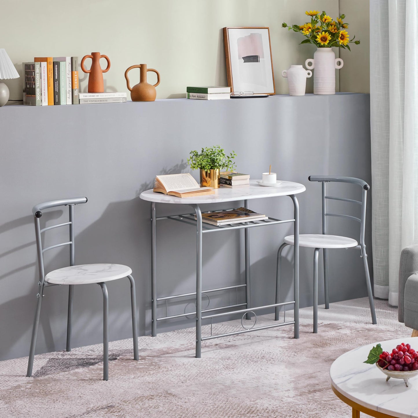 Yaheetech 3 Piece Modern Dining Table Set, Kitchen Table and Chairs Set for 2, Space Saving Table Set, Breakfast Nook Table Set with Steel Legs and Storage Rack for Kitchen/Small Space, White