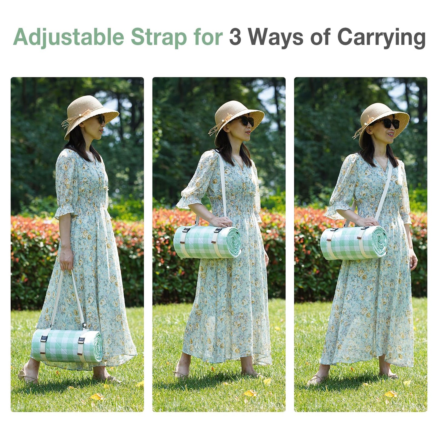 WILLOW WEAVE Picnic Blanket, 80''x80'' Waterproof Outdoor Blankets, Picnic Mat Washable for Beach, Picnic Blankets for Camping on Grass with Shoulder Strap - Green & White