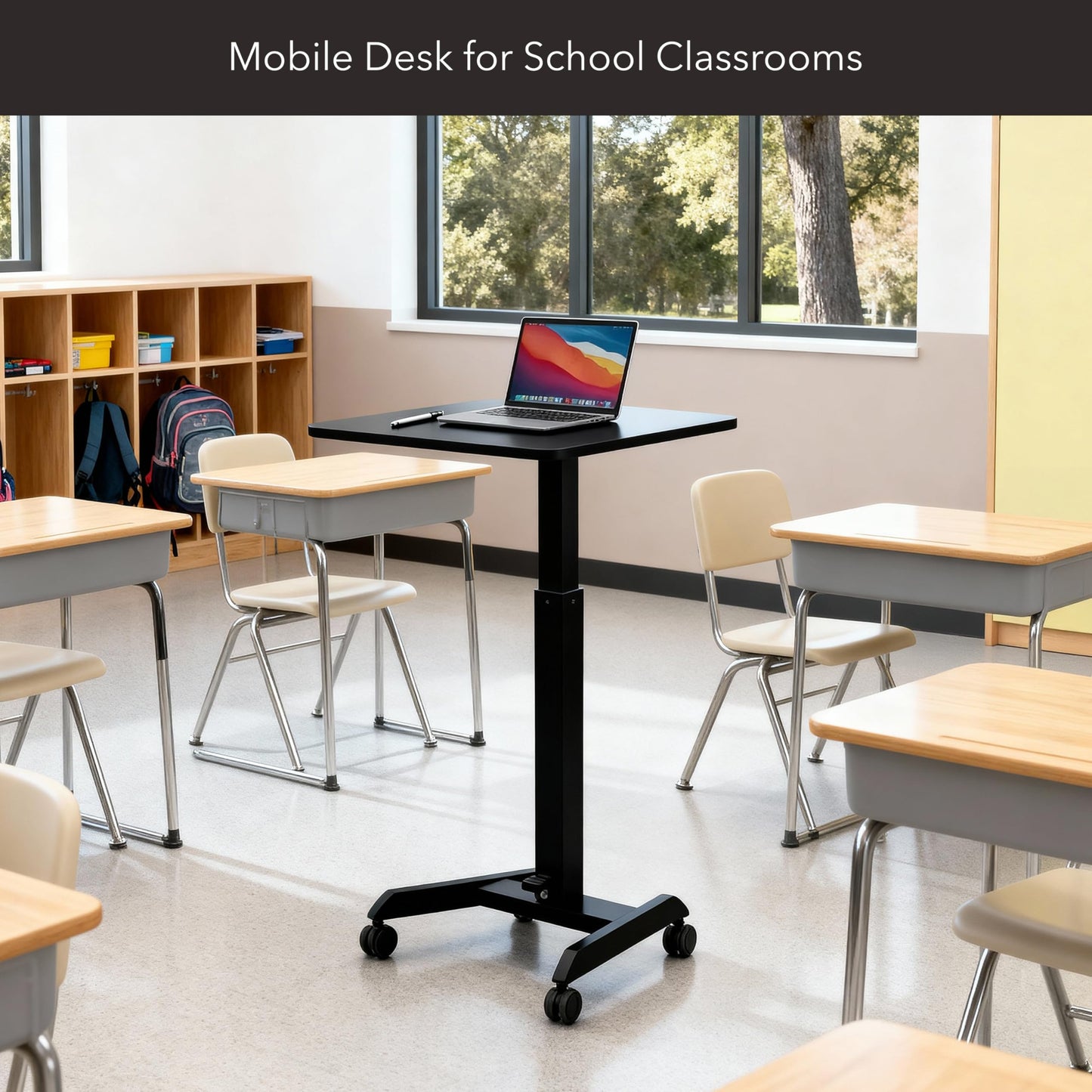 Mount-It! Rolling Laptop Desk Adjustable Height (29.6”-44.2”), Mobile Workstation Cart with 23.6” x 20.5” Desktop, Small Sit-Stand Desk for Home, Office, or Classroom in Black