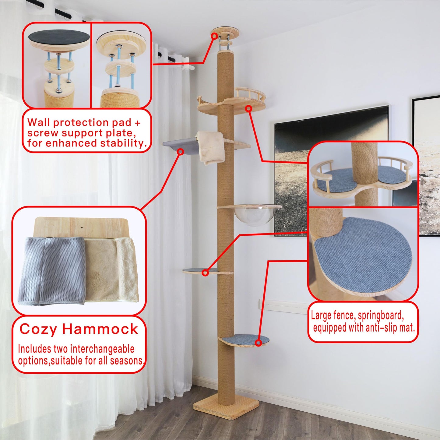 Floor to Ceiling Cat Tree Height (50-120 in) Adjustable Cat Tower 5 Tier Hemp Scratching Post High Cat Tree Sturdy Activity Tree Indoor Outdoor Cat Scratching Post Activity Center