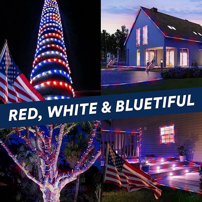 WYZworks 3312LEDs, 300ft LED USA Patriotic American Red White Blue Outside Rope Lights, Outdoor ETL Certified Waterproof Permanent 360 Degree Light, Flexible Tube, Connectable, Palm Tree Exterior