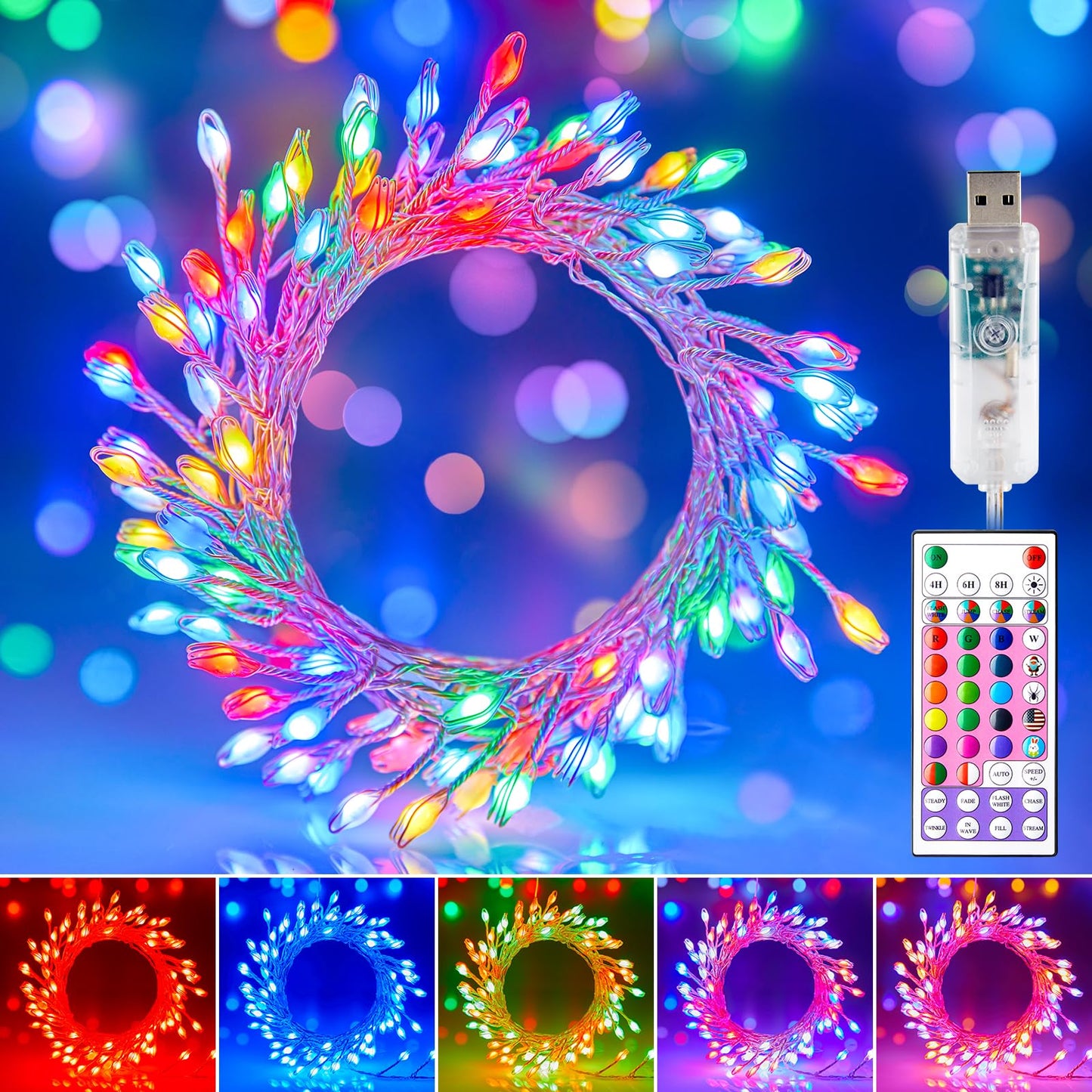 Brightown 10FT Fairy Lights Color Changing - 100 LED 22 Colors Firecracker Fairy Lights with Remote, Cluster String Lights Indoor with 12 Lighting Mode, Christmas Fairy Light for Bedroom Classroom
