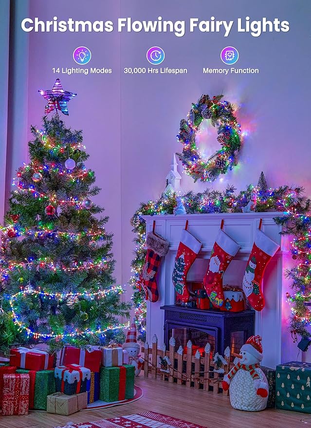 Flowing Fairy Lights Plug in with 14 Modes, 10FT 388LED Twinkle String Lights Indoor, Christmas Tree Lights Indoor Waterproof for Bedroom Christmas Home Room Decor, Multicolor