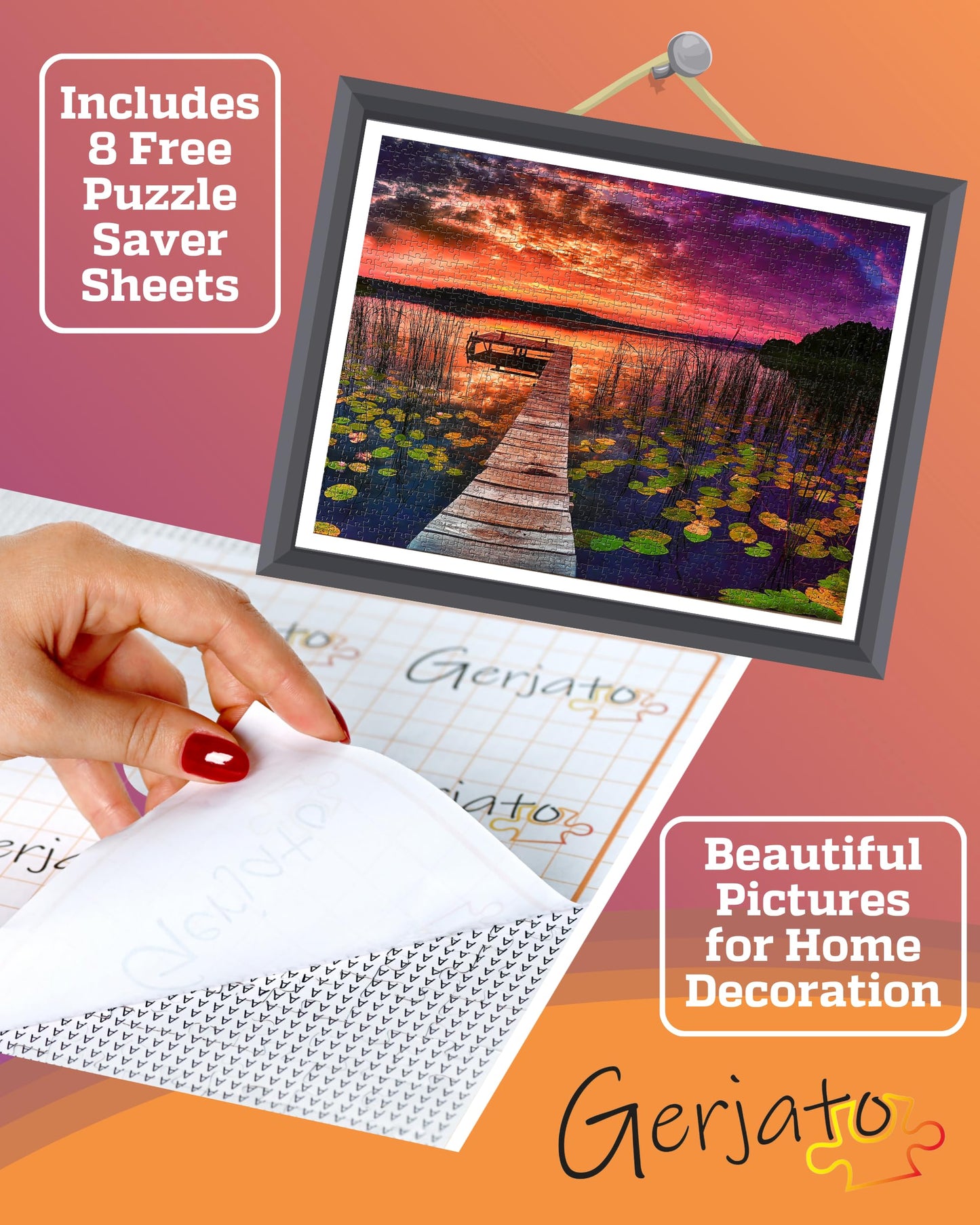 Puzzles for Adults 1000 Pieces – Ideal Gift for Loved Ones, Gift-Ready Box, Letters on Back, 8 Jigsaw Puzzle Saver Sheets & Full-Size Poster – Scenic Landscape Sunset with Dock & Lilies by GERJATO