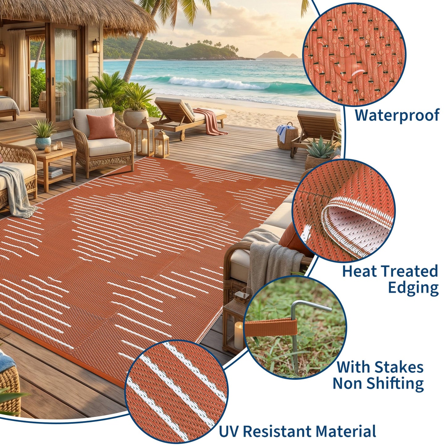 Garvee Waterproof Outdoor Rug 5x8 Rug Plastic Reversible Area Rugs Indoor Outdoor Carpet for Patio RV Porch Balcony Backyard Picnic Terracotta White