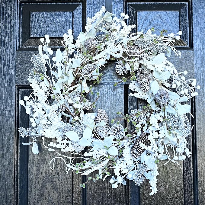 24 inch White Christmas Wreath,Winter Wreaths for Front Door with Pinecones Berries for Fireplace Xmas Decorations,Front Porch Decor and Wall Window Decor
