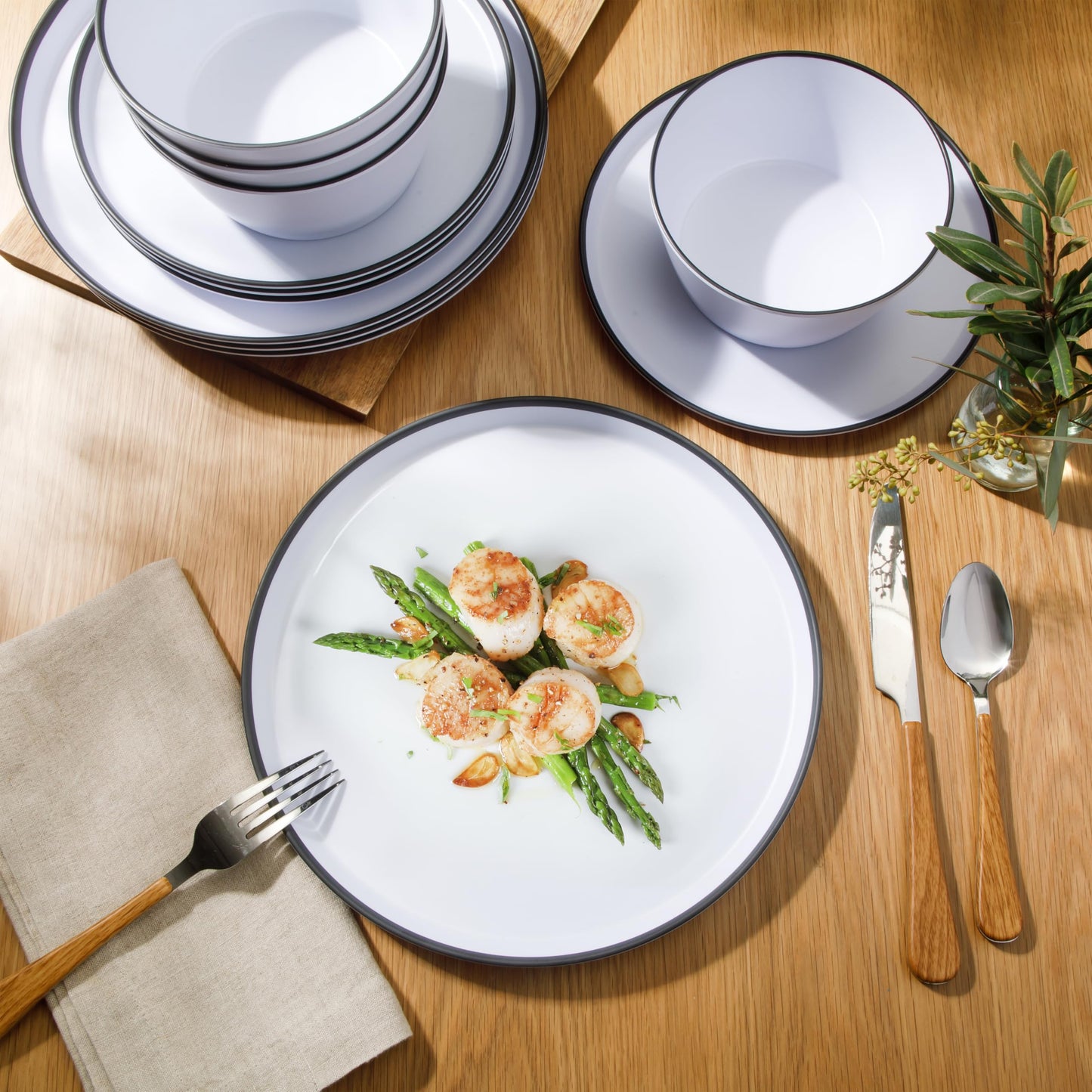 Gibson Home Folsom Shores 12 Piece Unbreakable Modern Melamine Plates and Bowls Dinnerware Set - Outdoor, Camping, & Everyday Use - White W/Black Rim