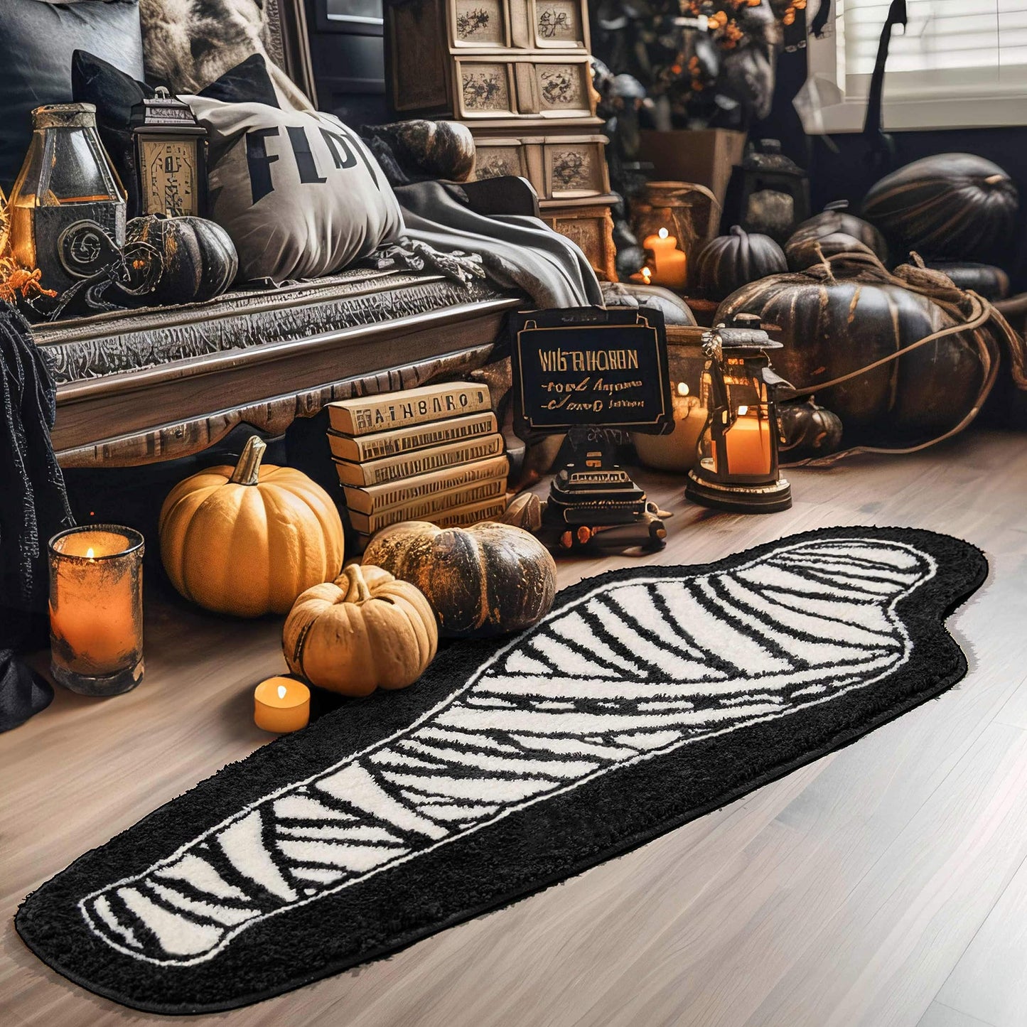 Halloween Bathroom Rug Black and White Horror Decorations Non Slip Coffin Bath Mats for Bathroom Bedroom Cute Runner Gothic Home Decor Scary Funny Mummy Carpet 18x47 inch