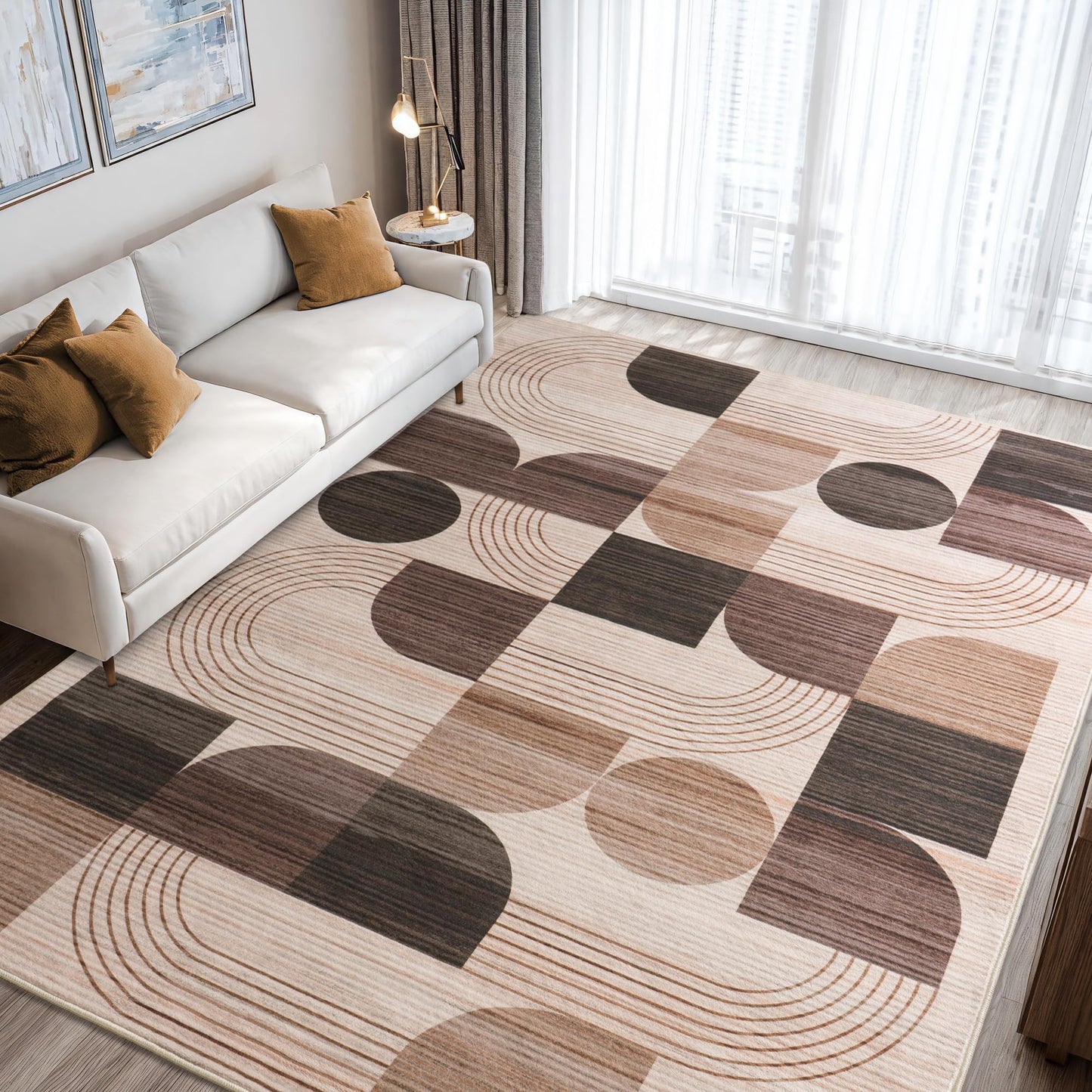 QDUIDU Large Machine Washable 4x6 Area Rug, Soft Modern Geometric Abstract Brown Rugs for Bedroom Living Room, Non-Shedding Faux Wool Indoor Throw Floor Carpet for Office Entryway Dining Room Decor