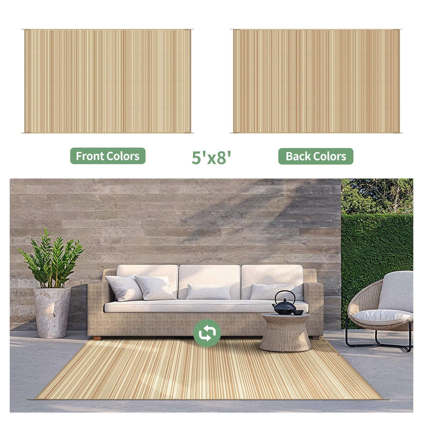 GENIMO Outdoor Rug for Patio Clearance, 5'x8' Reversible Plastic Straw Rugs, Lightweight Waterproof RV Camping Mat for Camper, Balcony, Deck, Backyard, Picnic, CoffeeBeige