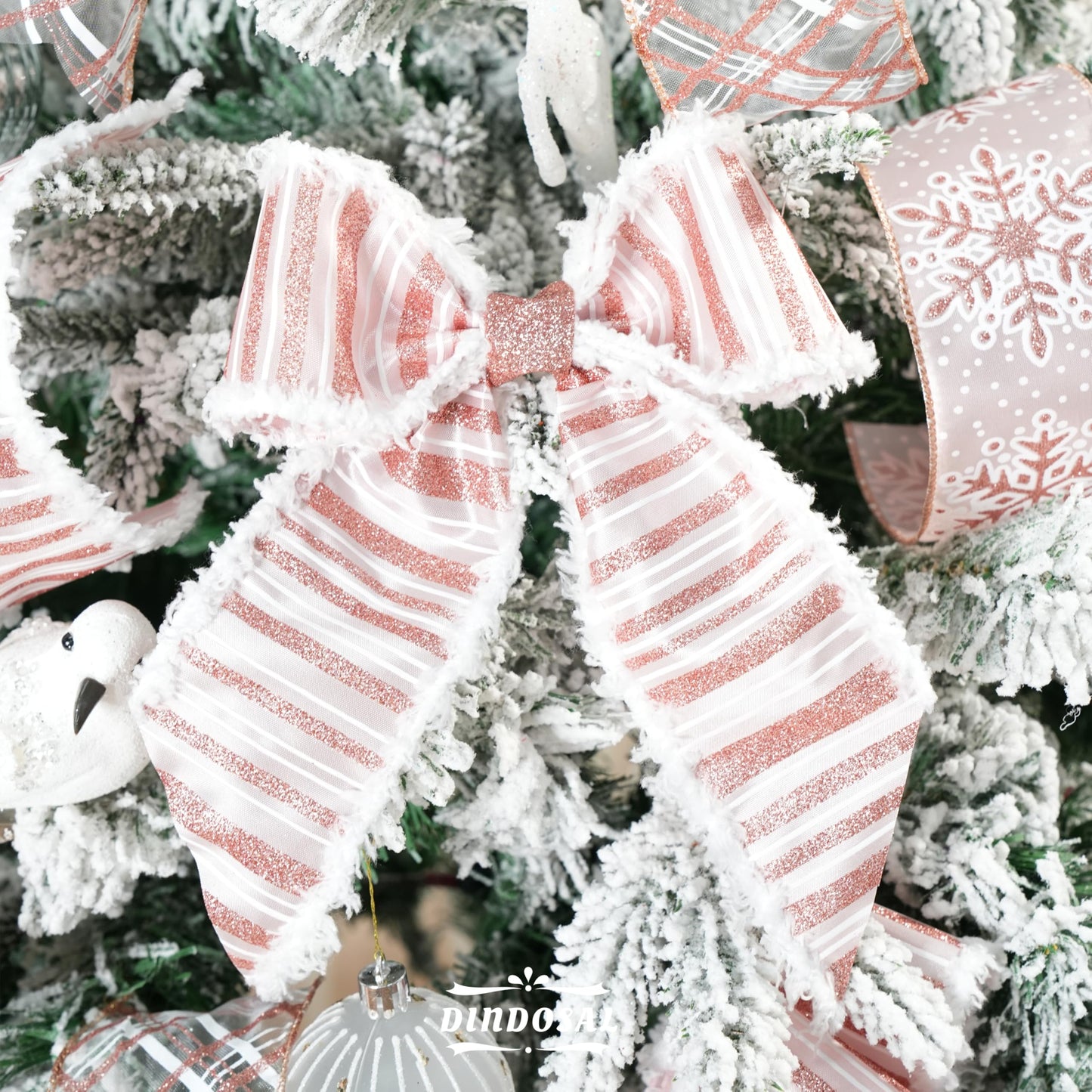 DINDOSAL Rose Gold Christmas Ribbon Wired 2.5" Pink Christmas Tree Ribbon Garland Rose Gold Glitter Wired Ribbon for Crafts, Wreaths, Topper Bows, Gift Wrapping, Home Decor (6 Rolls 36 Yards)