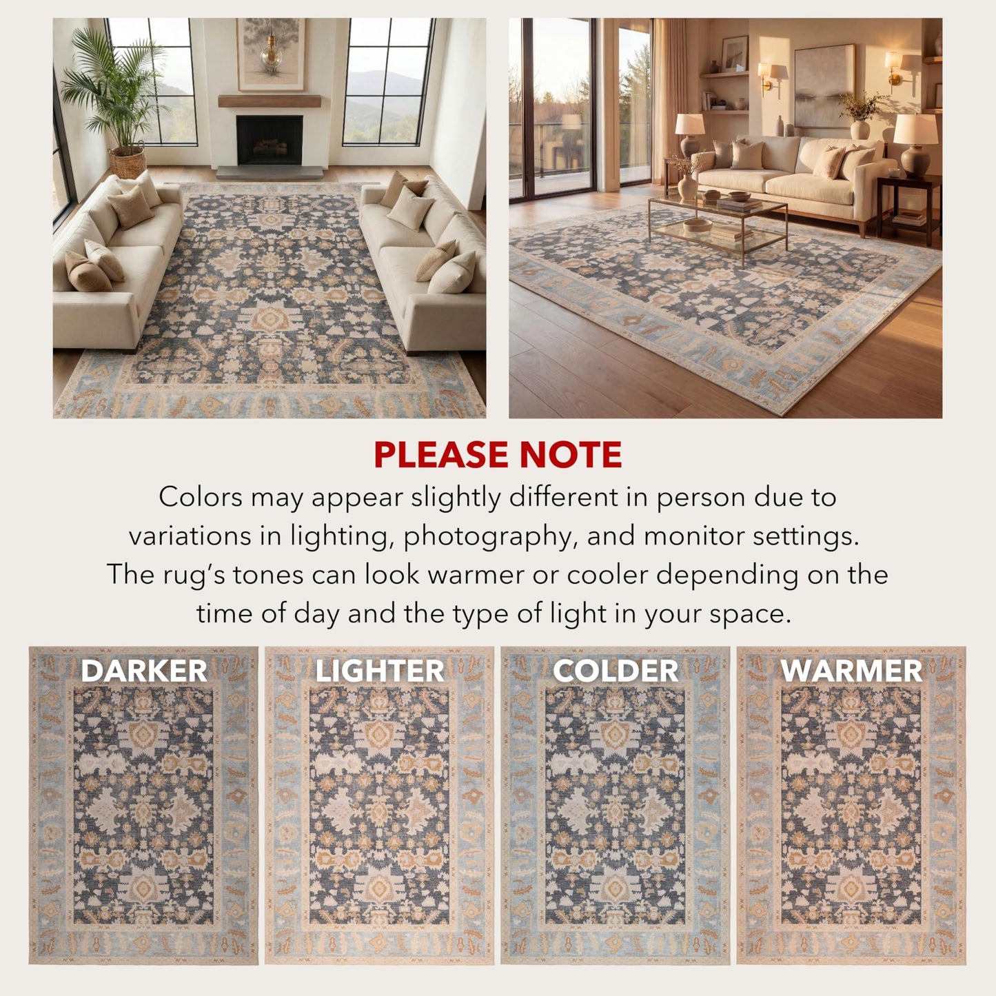 Kuden 8x10 Large Area Rug, Machine Washable Area Rug with Non-Slip Backing, Vintage Style, Soft, Easy Clean, Low Pile Rug for Living Room, Bedroom, Dining Room