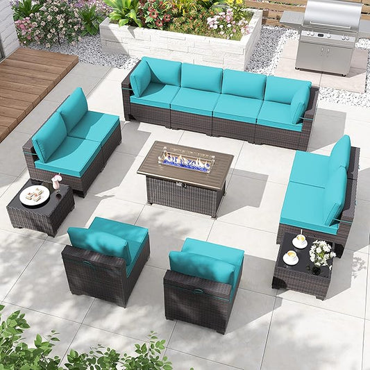ALAULM 13 Pieces Patio Furniture Set with Fire Pit Table Outdoor Sectional Sofa Sets Outdoor Furniture 43" Gas Fire Pit CSA Approved PE Rattan Patio Conversation Set w/10 Seat Cushions (Blue)