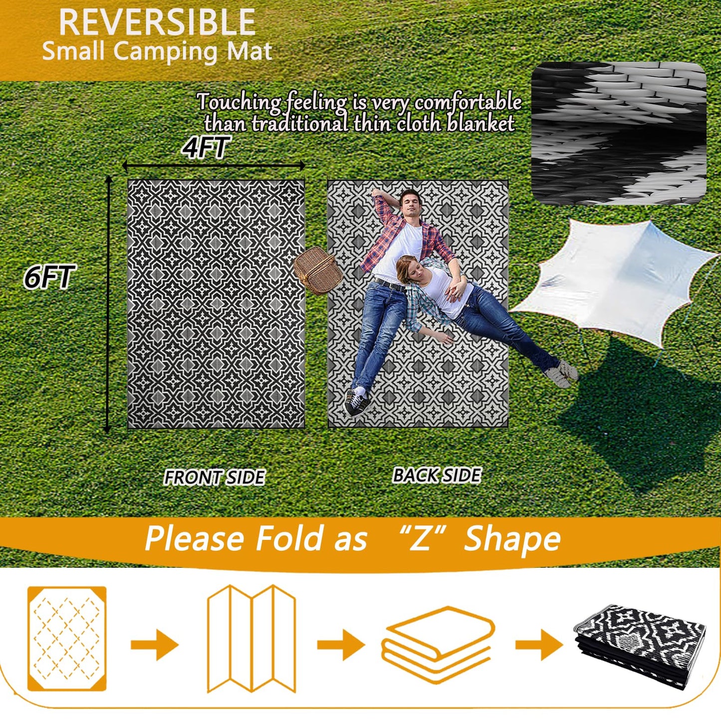 Alfolo Outdoor Rug Waterproof 4x6 Outdoor Mat Small Porch Balcony Rug,Reversible Plastic Straw Rug for Camping Black and White Outdoor Mats for Patio, Deck, RV, Camping, Beach, Backyard
