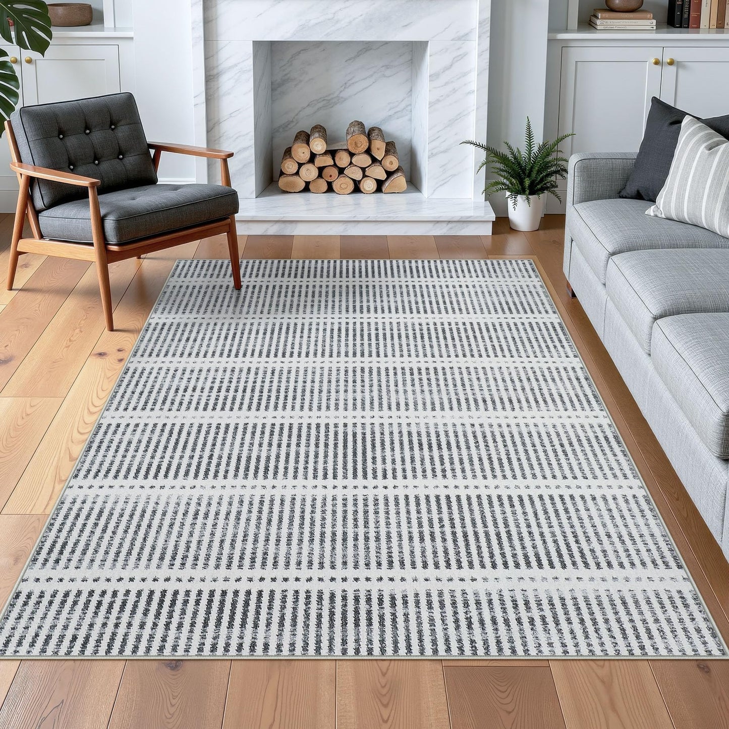 Tribesigns Ultra Thin 5x7 Washable Area Rugs for Living Room, Modern Non-Slip Rugs for Bedroom Dining Room, Grey Striped Farmhouse Large Indoor Carpet for Playroom Entryway