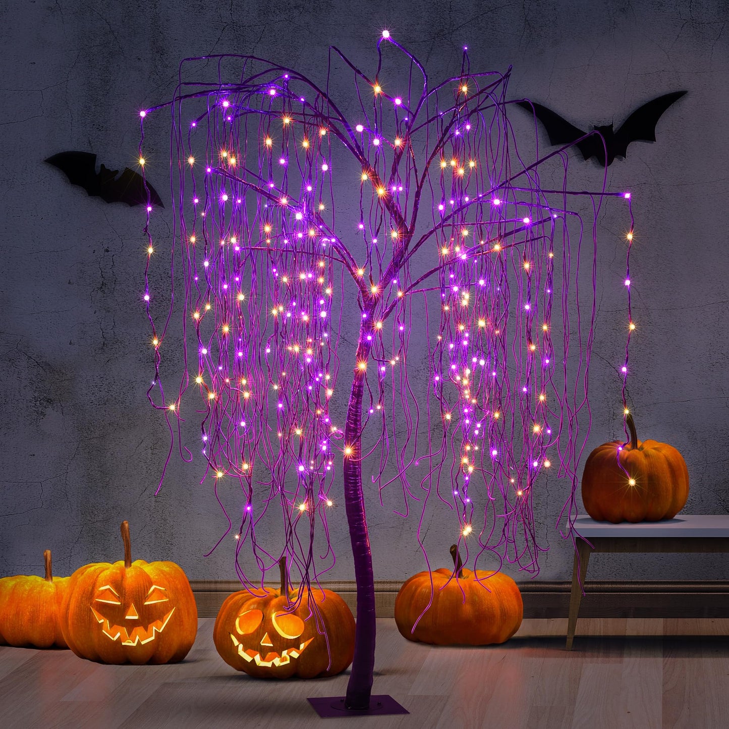 7 FT Halloween Lighted Willow Tree 256 LED Orange and Purple Lights Artificial Weeping Willow Tree with 6 Spiders Outdoor Indoor Decoration Christmas Festival Party Home Decor
