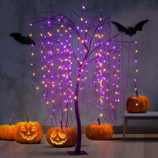 7 FT Halloween Lighted Willow Tree 256 LED Orange and Purple Lights Artificial Weeping Willow Tree with 6 Spiders Outdoor Indoor Decoration Christmas Festival Party Home Decor