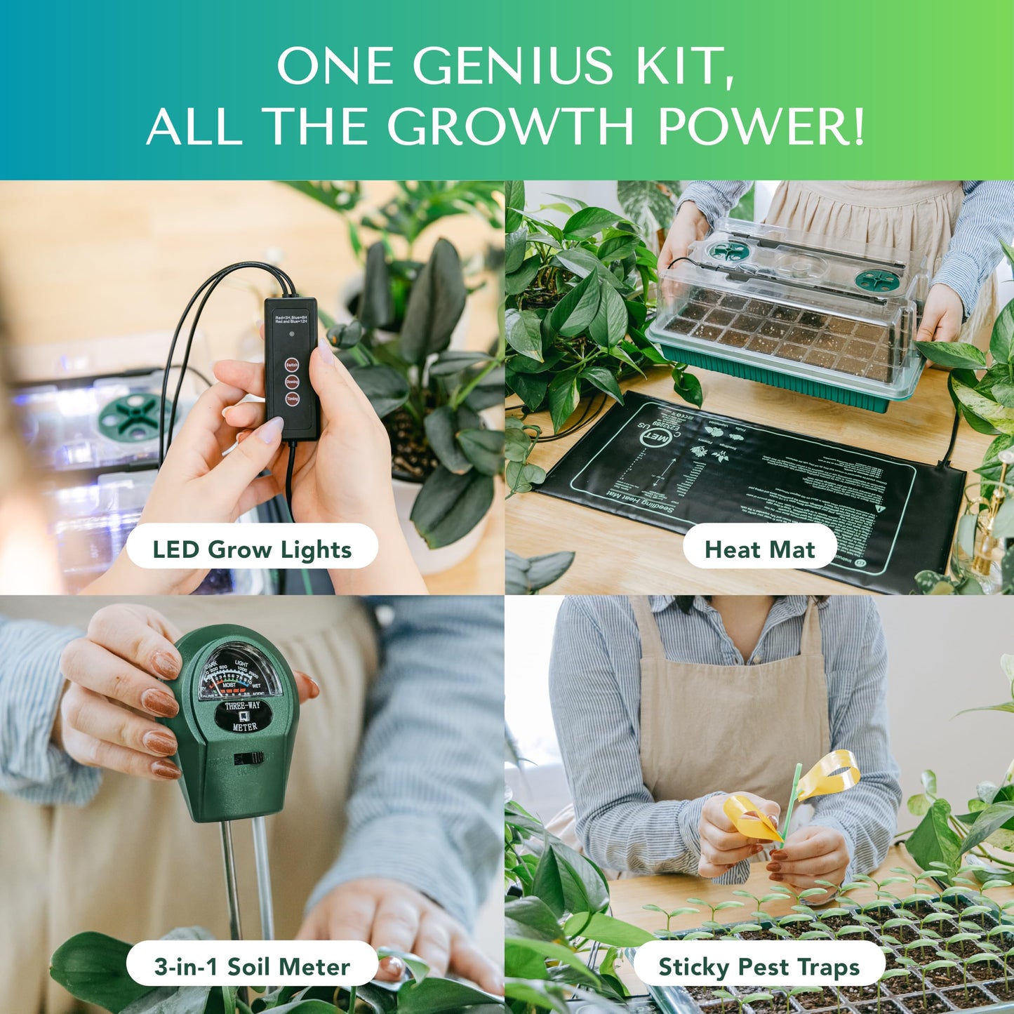 GROWFRIEND Upgraded Seed Starter Tray with Grow Lights and Heat Mat, 3-in-1 Soil Meter, & Sticky Gnat Traps, 40-Cell Seed Growing Tray, Germination & Plant Propagation Station for Indoor Plants