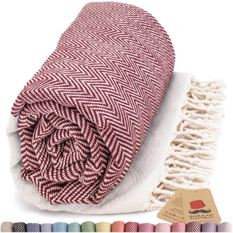 Bazaar Anatolia Turkish Beach Towel 100% Cotton Bath Towels 71x39 Quick Dry Sand Free Lightweight Large Oversized Herringbone Maroon