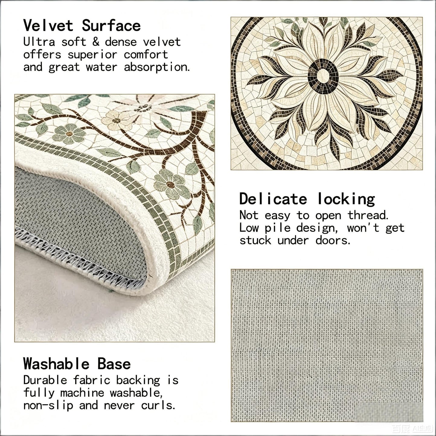 Half Circle Door Mat 24"x36" Non-Slip Washable Welcome Mat, Bohemian Mandala Style Low Profile Front Door Mat Semicircular Entrance Doormat, Dirt Trapper Floor Mat for Indoor Outdoor Entryway Patio