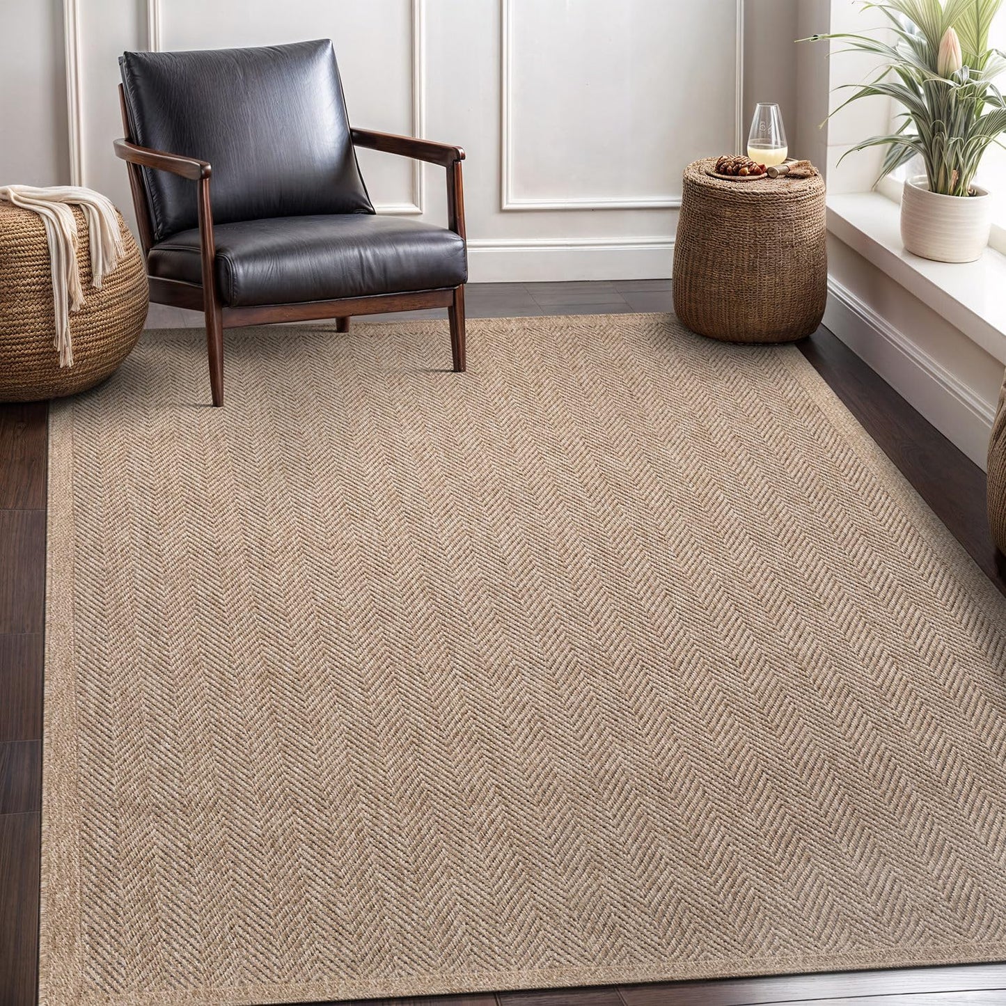 CAMILSON Easy Jute Rug 6x9, Indoor Outdoor Natural Color Fiber Area Rugs for Living Room Patio and Bedroom Rug Herringbone Seagrass Woven Design Easy-Cleaning, Washable Outside Carpet Alfombras 6 x 9