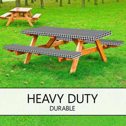 LINPRO 8ft Picnic Table Cover with Bench Covers Vinyl Fitted Picnic Table Covers with Elastic Camping Essentials and Picnic Tablecloth and RV Accessories with Bag