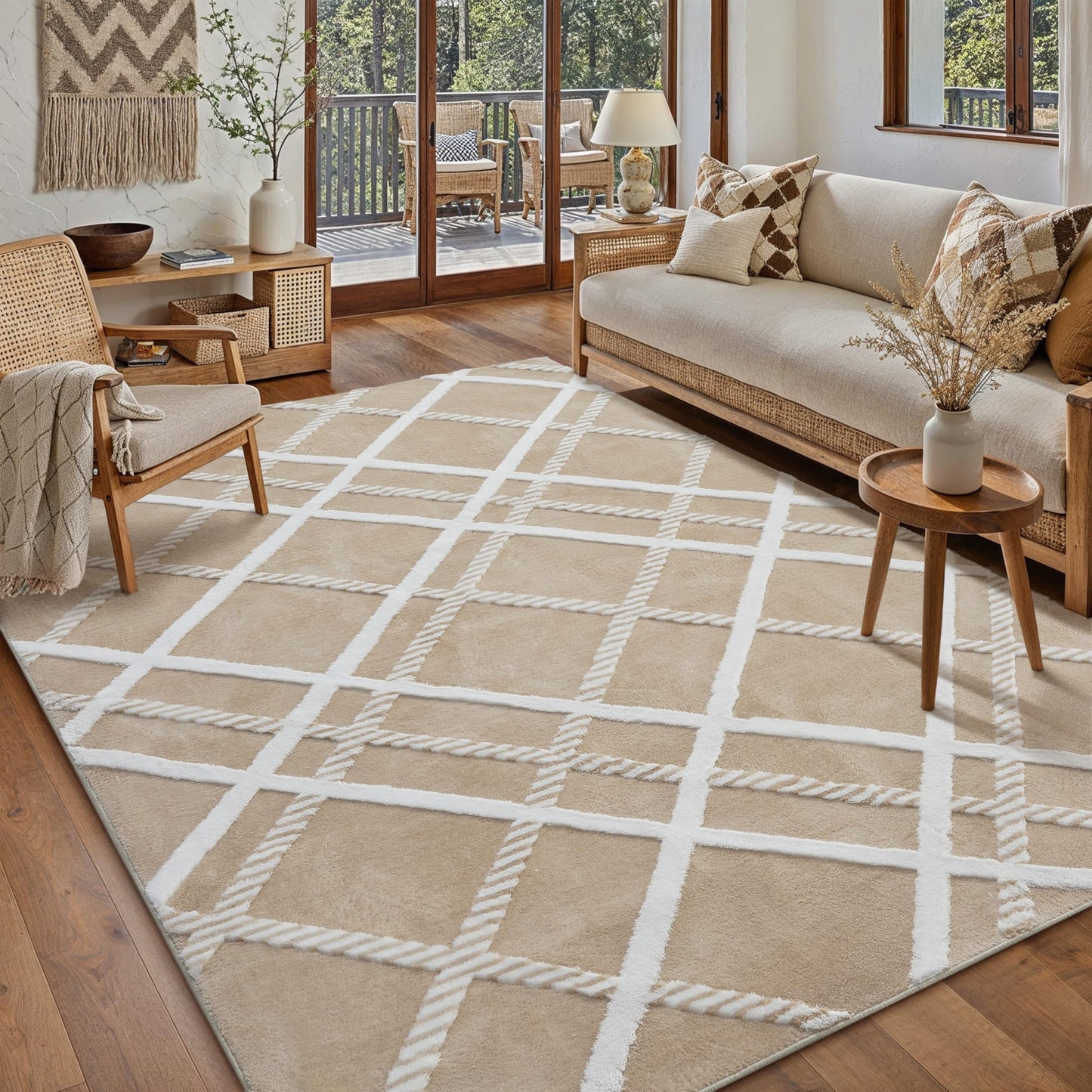 HUGEAR 5x7 Shag Area Rug Beige Modern Neutral Medium Plush Pile Super Soft Indoor Fuzzy Carpet Non Slip Non-Shedding Easy Care 0.5-inch Thick for High Traffic Areas in Living Room Bedroom Dining