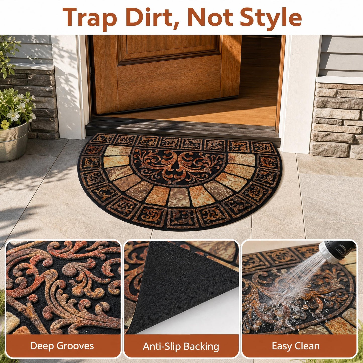 Cedilis Half Round Door Mat, 24 x 36 Inch Front Door Mat, Semi Circle Non-Slip Outdoor Door Mats, Half Circle Rug for Outside Entry, Heavy Duty Rubber Doormat, Low-Profile Welcome Entrance Way Rug