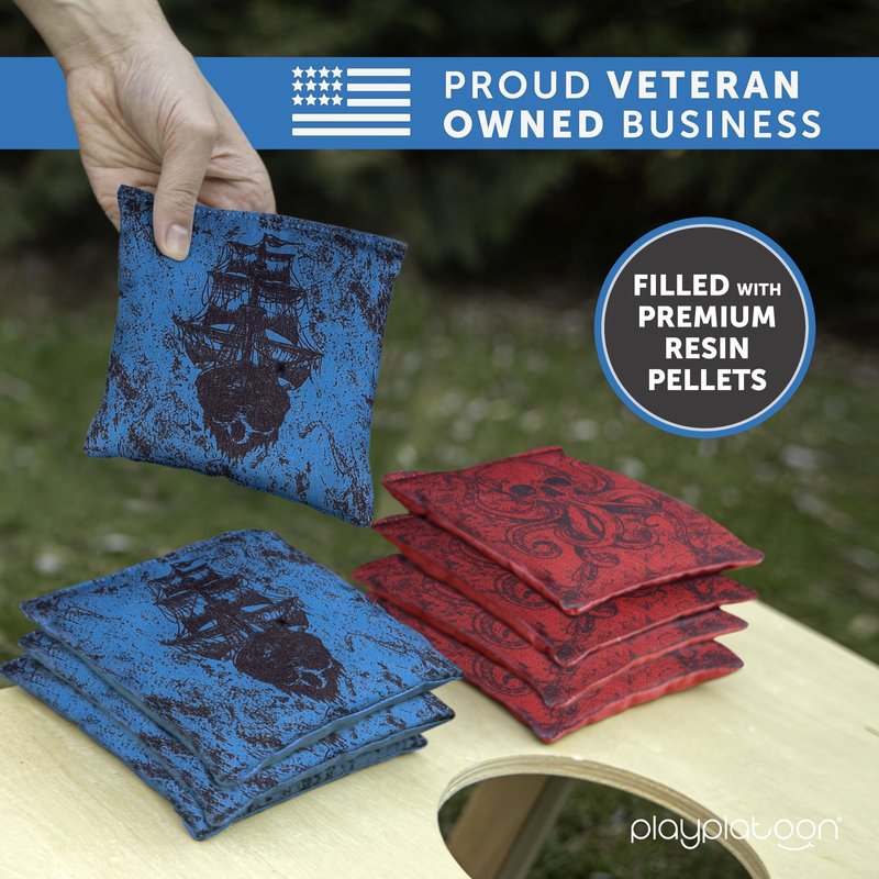 Play Platoon Professional Cornhole Bags Set of 8 - Regulation All Weather Double Sided Pro Corn Hole Bags - Sticky Side/Slick Side for Pro Cornhole Game - Red/Blue Kraken Pirate