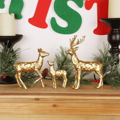 Lulu Home 3 PCS Christmas Tabletop Decorations, Resin Golden Reindeer Family Figurines with Diverse Postures, Xmas Holiday Winter Centerpieces Ornaments for Mantel Shelf Sill Decor(Family)