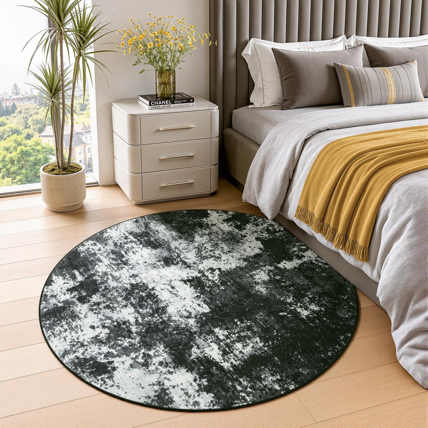 Merelax 4ft Round Black Abstract Area Rug, Washable Non Slip Circle Rug for Entryway, Kitchen, Bedroom, Bathroom, Nursery, Living Room, Thin Soft Circular Rugs Indoor Décor, Low Pile Carpet
