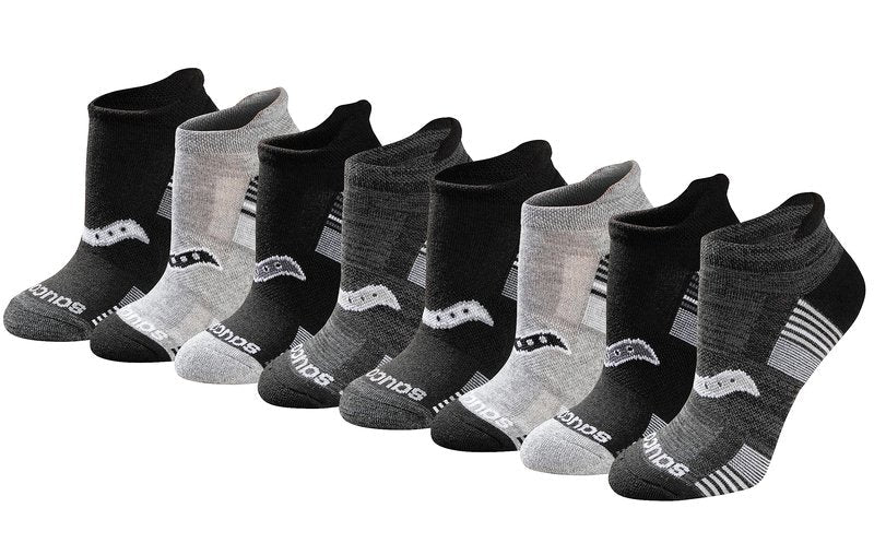 Saucony Women's RunDry Performance 8, 16 Pairs Heel Tab Athletic Socks, S-L, Black/Char/Lt. Grey Assorted (8 Pairs), Medium