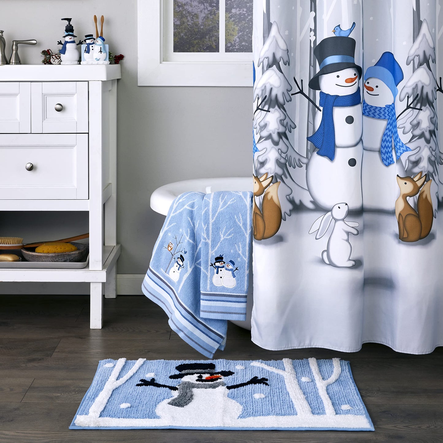 SKL Home Christmas Winter Friends Snowman Hand Towel 2pc Set for Bath/Kitchen & Gift, Blue