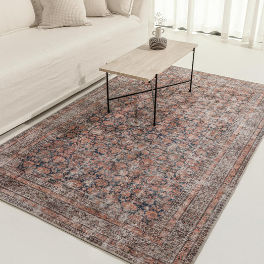 KNOTTING MATTERS Rustica 5’ x 8’ Area Rug – Clay Rose & Blue-Cast Graphite Heritage Flatweave, Low-Pile – Easy Clean Area Rug – Perfect for Living Room, Dining Room, Bedroom – Pet & Kid Friendly
