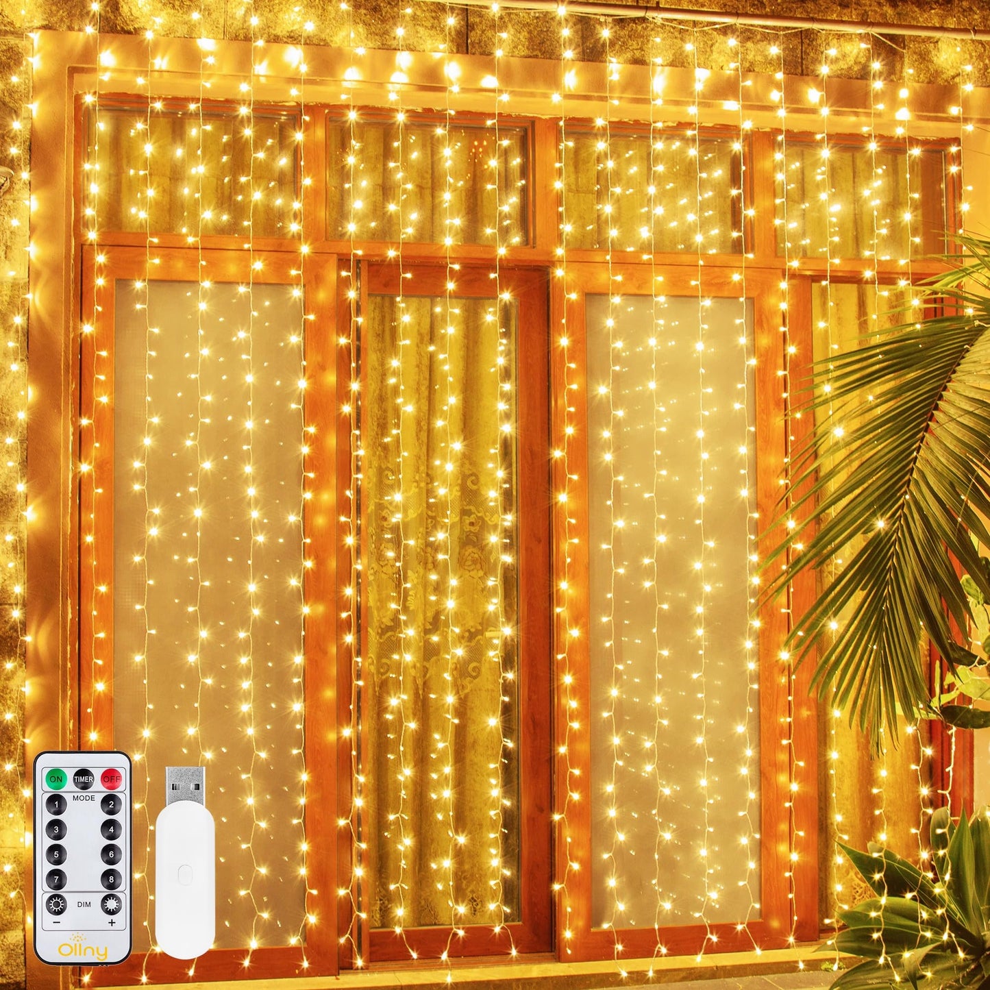 Ollny Curtain Lights Indoor, 300 LED 3m x 3m Fairy Lights USB Powered, Waterproof Warm White String Light with 8 Modes/Timer/Remote, Bedroom/Wall/House/Garden Decorations