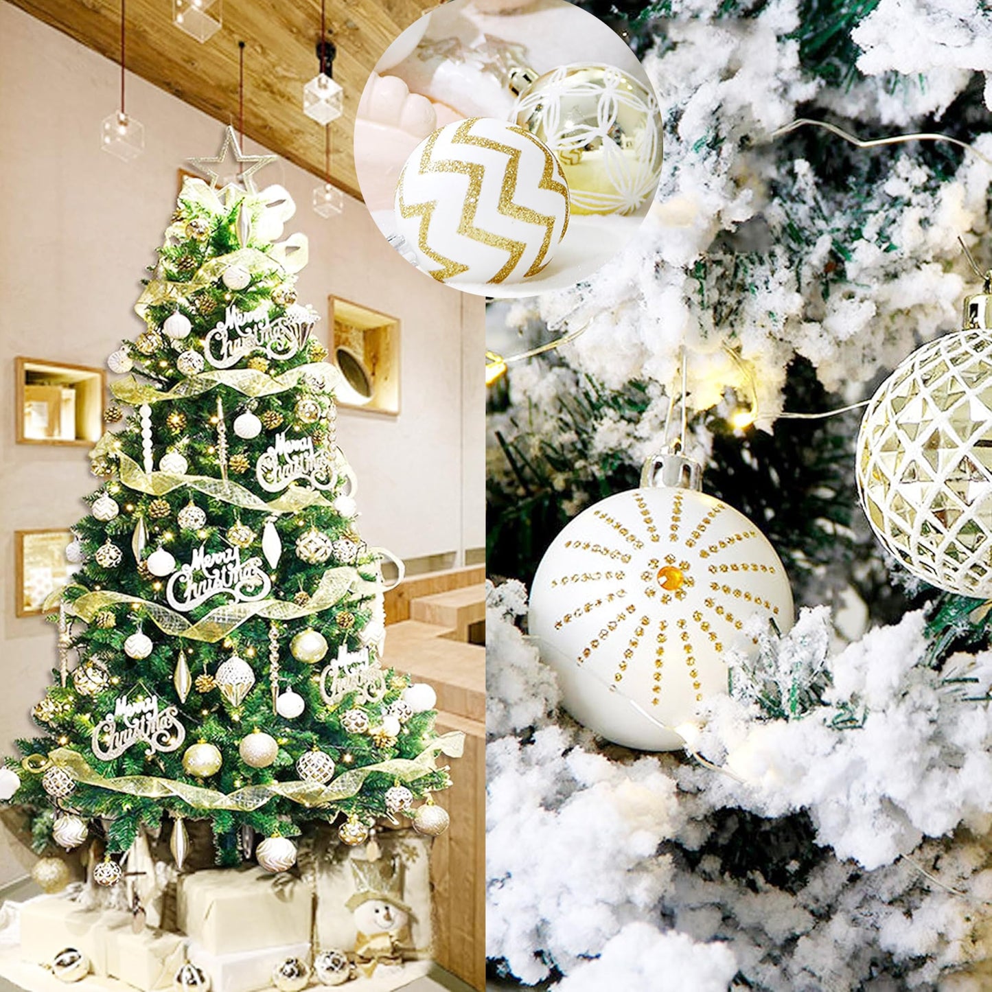 30PCS Christmas Balls Ornaments,60MM Gold&White Painted Shatterproof Festive Wedding Hanging Ornaments Christmas Tree Decoration