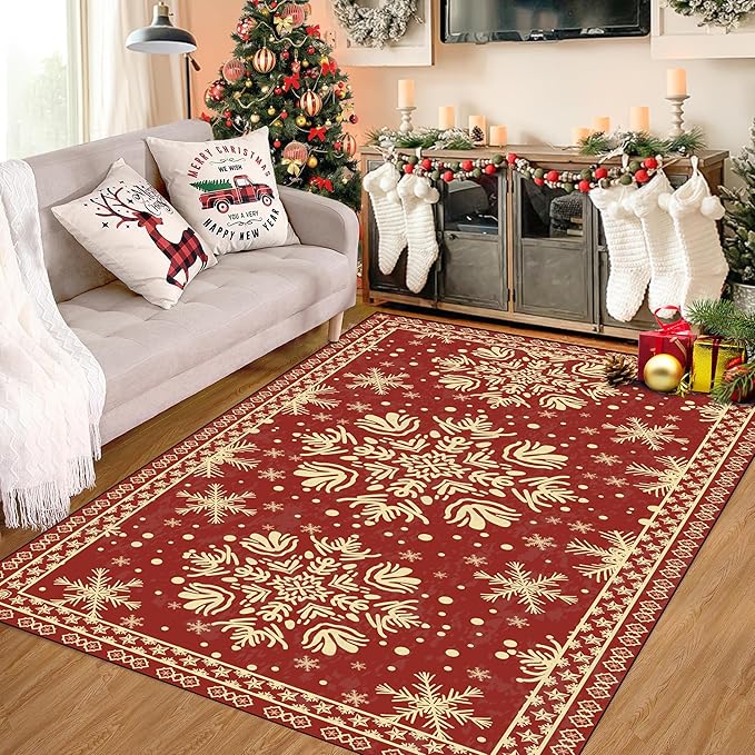 4' X 6' Christmas Rug Snowflake Area Rugs for Living Room Bedroom Indoor Entryway Laundry Nursery Dorm Xmas Carpet for Kids Girls Women Floor Mat Pad Doormat Vintage